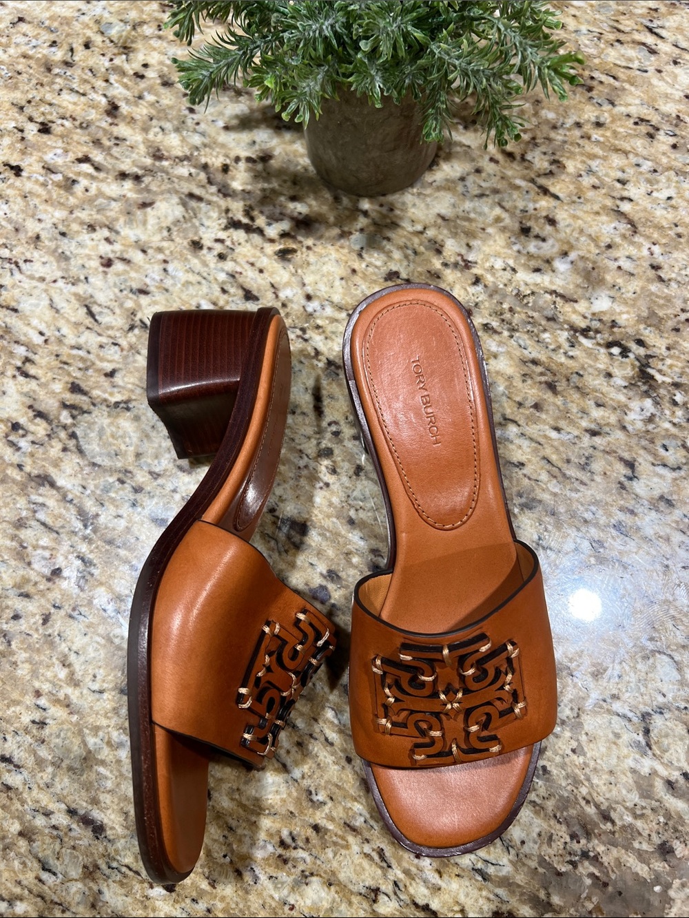 Tory Burch Ines Brown Leather Block Heel Mules 7M